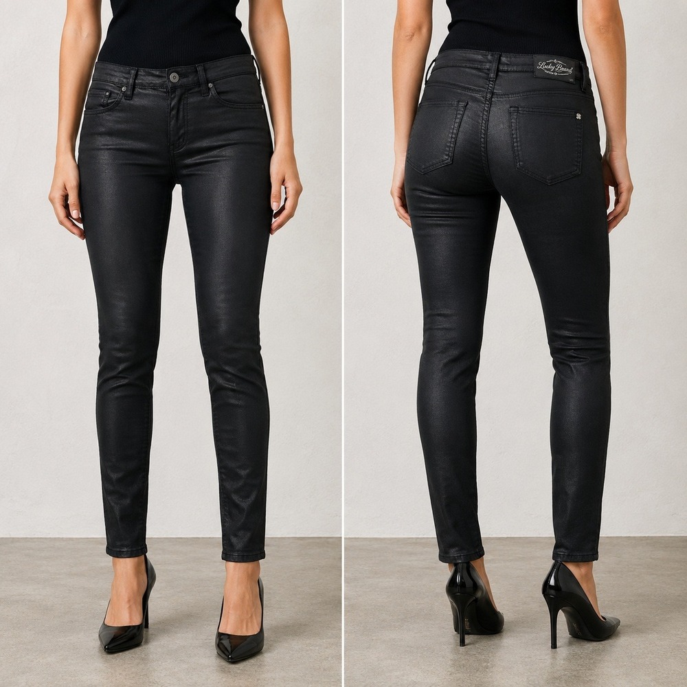 Lucky Brand Charlie Super Skinny Jeans Women 4/27 Black Coated Waxed Denim Pants